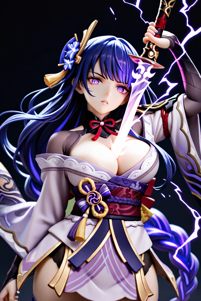 cowboy shot, 
1girl, raiden shogun, holding sword,between breasts, 
head tilt, serious, hand up, looking at viewer, parted lips, wind, dark background, electricity, sparks,
,masterpiece,best quality,amazing quality,