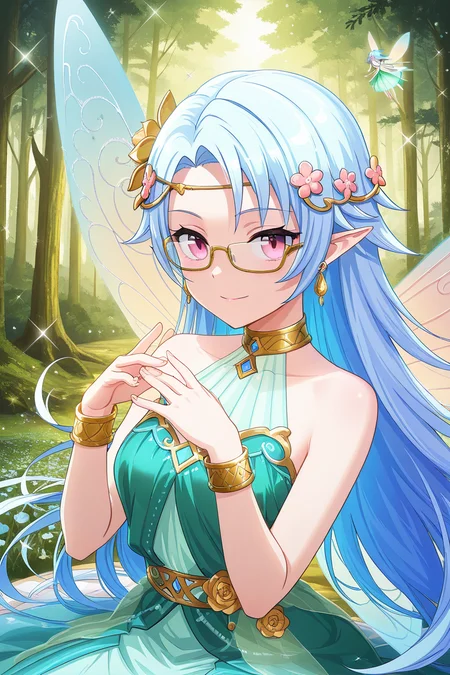 masterpiece, best quality, amazing quality,
<lora:Shiro_IL:1> shiro, 1girl, wings, solo, long hair, pointy ears, glasses, dress, jewelry, fairy wings, fairy, forest, hair ornament, bracelet, flower, nature, blue hair, green dress, earrings, long dress, sparkle, smile, very long hair, close-up, looking at viewer, portrait, fairysk