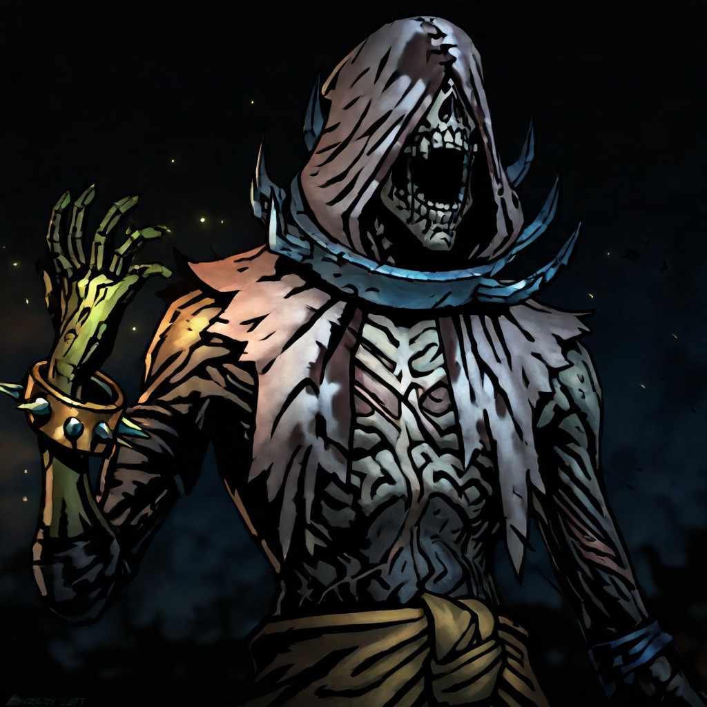 masterpiece, best quality, newest, absurdres, highres, DDstyle, official style, 
1boy, DDFLA-V1.1, collar, spiked collar, hood, scar, sash, spikes, undead, zombie, hood, hood up, teeth, bracelet,