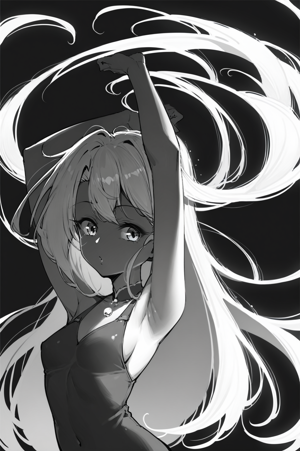 score_9, score_8_up, score_7_up, irisviel von einzbern fate \(series\), solo, solo focus, cowboy shot, simple background, black background, monochrome, greyscale, dark  Balancing on a narrow surface, arms outstretched, showing gracefulness., spot color, <lora:dblack:1>