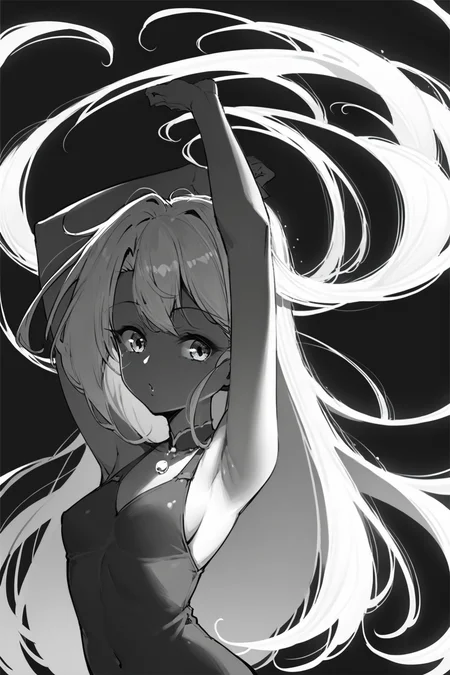 score_9, score_8_up, score_7_up, irisviel von einzbern fate \(series\), solo, solo focus, cowboy shot, simple background, black background, monochrome, greyscale, dark Balancing on a narrow surface, arms outstretched, showing gracefulness., spot color, <lora:dblack:1>