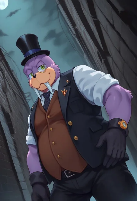 score_9, score_8_up, score_7_up, sfw, rotund, furry male, Rotor the walrus, green eyes, fangs, furry, furry anthro, alley, dutch angle, posing, from below, clothed, (((dutch angle, posing, from below))), walrus, fat, overweight, walrus tusks, squinting eyes, smile, solo, 1boy, male focus, <lora:pony_monocles-step00000800:1>,(monocle),round eyewear, top hat,, suit, gloves, furry male, mustache, necktie, a robber-baron wearing a monocle on a chain on his left eye, top hat, white shirt, black vest from 1900 holding a pocketwatch, standing
BREAK
city, ruins, back alley, outside, night, moon, stars, ambient light,