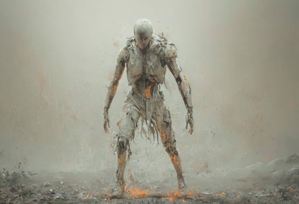 a combat cyborg, damaged, looking at the sunset over a faraway distopian city, colorful, muted rusted eroded paint, looking defeated,