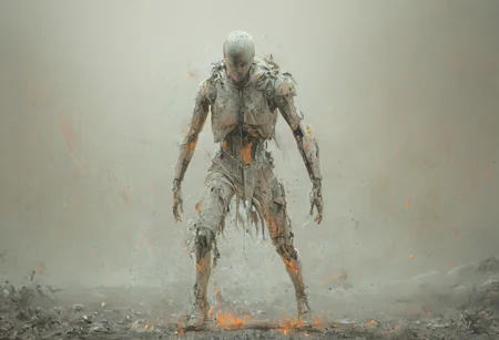 a combat cyborg, damaged, looking at the sunset over a faraway distopian city, colorful, muted rusted eroded paint, looking defeated,
