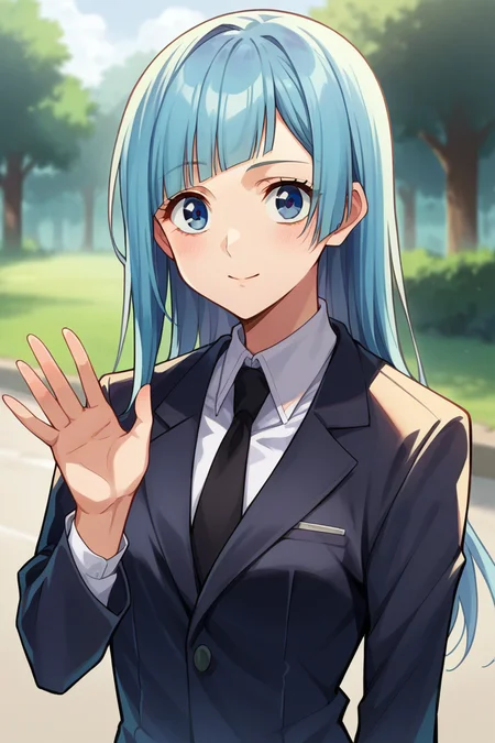 score_9, score_8_up, score_7_up, score_6_up, score_5_up, score_4_up, rating_questionable, , source_anime, digital illustration, pixiv, fanbox, uncensored, , BREAK, official art,
1girl, solo,, female, kasumi miwa, blue hair, blue eyes, straight hair,
black suit, white shirt, necktie, upper body, waving, close up, cowboy shot,, outdoors, looking at viewer, colorful, vivid,, <lora:Kasumi_Miwa_Pony-10:0.9>