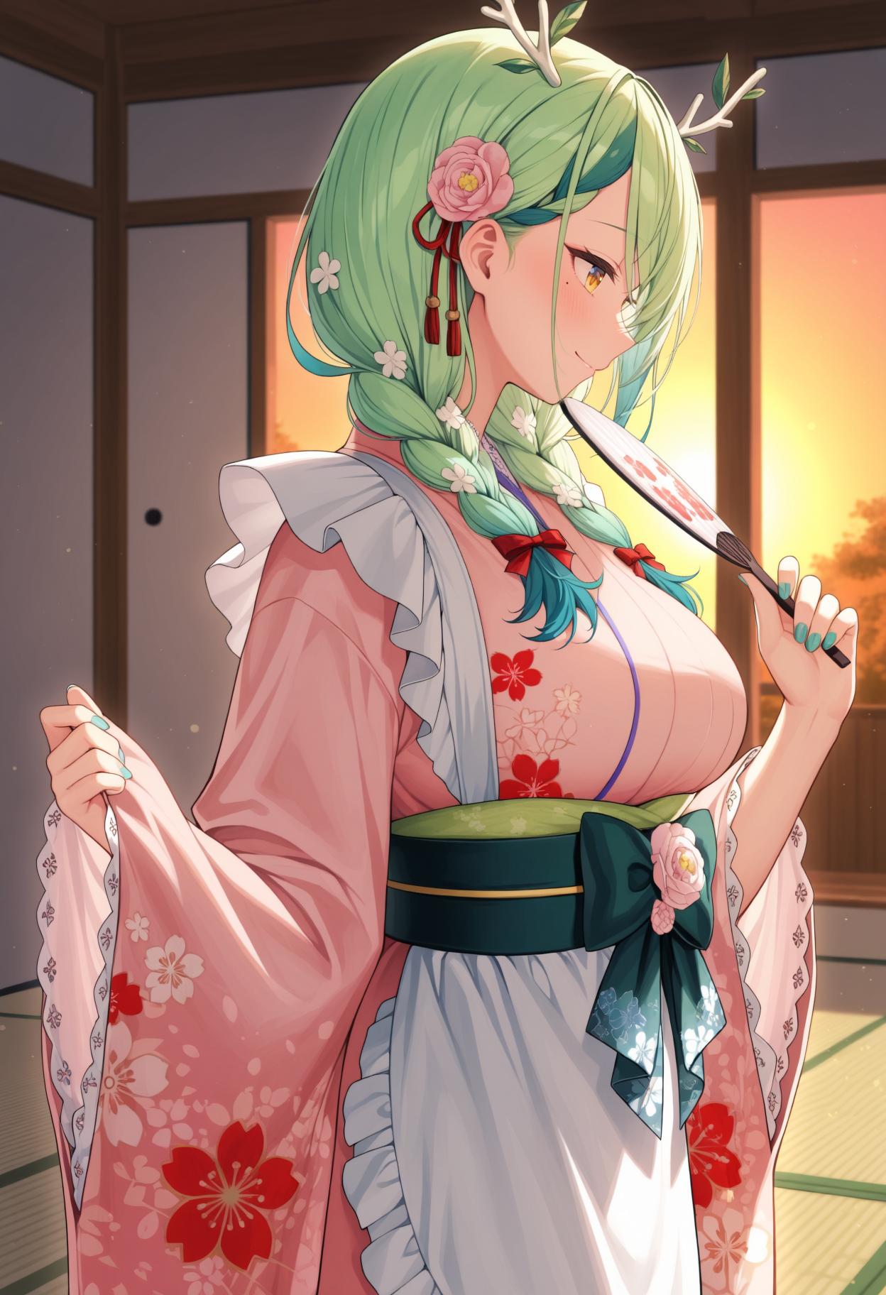 (explicit|general), masterpiece, best quality, 1girl, solo, BREAK, 
(Japanese shrine, cherry blossom garden, tatami room), (sunset glow, soft morning light), (holding fan, adjusting kimono, graceful stance), (close-up elegant, mid-range traditional, side profile shot), (gentle smile, calm elegance, soft gaze)
BREAK
 <lora:Ceres Fauna:1> gradient hair, green hair, blue hair, yellow eyes, antlers, mole under eye, large breasts,
faunakimono, frills, floral print kimono, pink kimono, wide sleeves, maid apron, white apron, obi, green bow, aqua nails,
long hair, twin braids, hair flower, hair ribbon, red ribbon, hair bow, red bow,