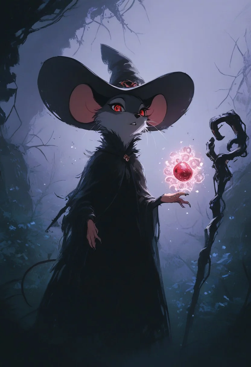 score_9, score_8_up, score_7_up, score_6_up, score_5_up, score_4_up, solo, (fluffy:0.8), (feral), furry, (((mouse))), female, claws, (fluffy cheeks:0.7), (black dress), grey fur, black ears, red eyes, look at viewer, (solo:2), j_cartoon, aesthetic, dramatic angle, unique perspective, unique angle, night, dark, swamp, (witch hat), (hold magical staff:1.5), monochromemuse, monochrome, greyscale, j_cartoon, (magic:2)