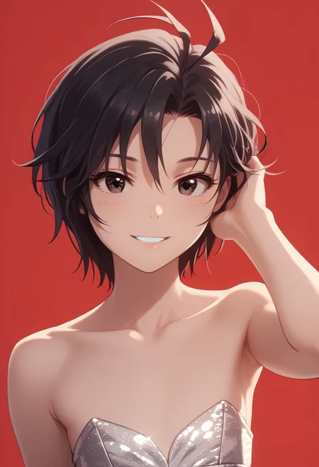 score_9, score_8_up, score_7_up, source_anime, cinematic, extremely high definition, dramatic lighting, masterpiece, bestquality, extremely detailed, 8k, hd, Expressiveh, red background, ddpapa,
BREAK
18 years old, 1girl, solo,
kkcmkt, short hair, black hair, antenna hair, hair between eyes, black eyes, flat chest, small breasts, <lora:KikuchiMakoto_pony_v1:0.9>
detailed face, perfect face, cute face, pretty, topless, beautiful woman's face, (looking at viewer, seductive, smiling eyes, happy, satisfied face, sensual expression, (eyes wide open), affectionate:1.2),
BREAK
royal dress, unzipping body royal dress, rogue girl, sexy, posing, thin lips, full body, (dynamic pose:1.2), perfect hand,
