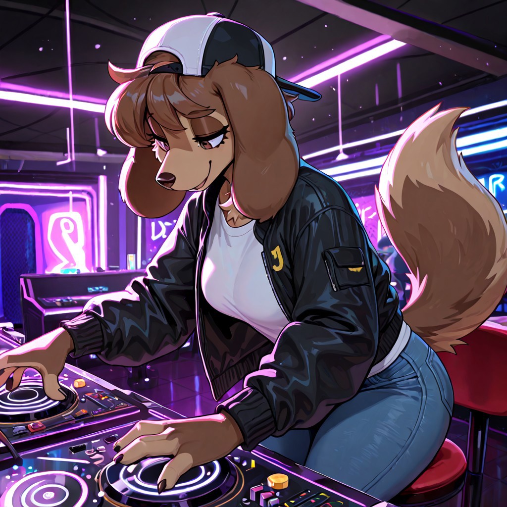 masterpiece, best quality, newest, absurdres, highres, furry, perfect anatomy, 4nn4h,1girl,solo,furry,furry female,a girl,dog ears,long ears,brown hair,short hair,brow eyes,snout,animal nose,body fur,brown fur,dog tail, indoors, club, nightclub, dj, disc jockey, playing music, white shirt, black jacket, blue pants, denim, backwards cap, backwards hat, happy, smiling, half-closed eyes,