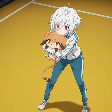 Sayaka Itomi, toji no miko style, 1girl, solo, white hair, short hair, bangs, hair between eyes, ahoge, purple eyes, small breasts, track suit, white track jacket, blue pants, blue trim, white shoes, hugging animal, Nene (animal), red eyes, light smile, standing
BREAK
inside gym
BREAK
anime screencap, anime coloring, anime colored background, detailed background, detailed face, shiny skin, shiny hair, absurdes, highres, dynamic pose, masterpiece, best quality, official art, cel shaded, graphic illustration, digital painting, CGI, very detailed, amazing quality, intricate details, dynamic pose, HDR, UHD, 8K, Fineline illustration, Highly detailed, ultra-fine painting, sharp focus, Professional, Vivid Colors <lora:add-detail-xl:1> <lora:DetailedEyes_V3:1> <lora:Toji_no_miko_character_pack_Illustrious:1>