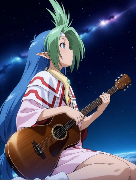 masterpiece,best quality,amazing quality,anime screencap,
1girl,solo,
<lora:elma_hoyly_ilxl_v1.4:1>,elma,spiked hair,multicolored hair,low-tied long hair,e_hb,E_clothes,
<lora:Fixhands_anime_bdsqlsz_V1:1>,night,dynamic_angle,acoustic guitar,play the guitar,looking_away,looking_ahead,large guitar,wariza,looking_up,cinematic_angle,portrait,from_below,space,galaxy,