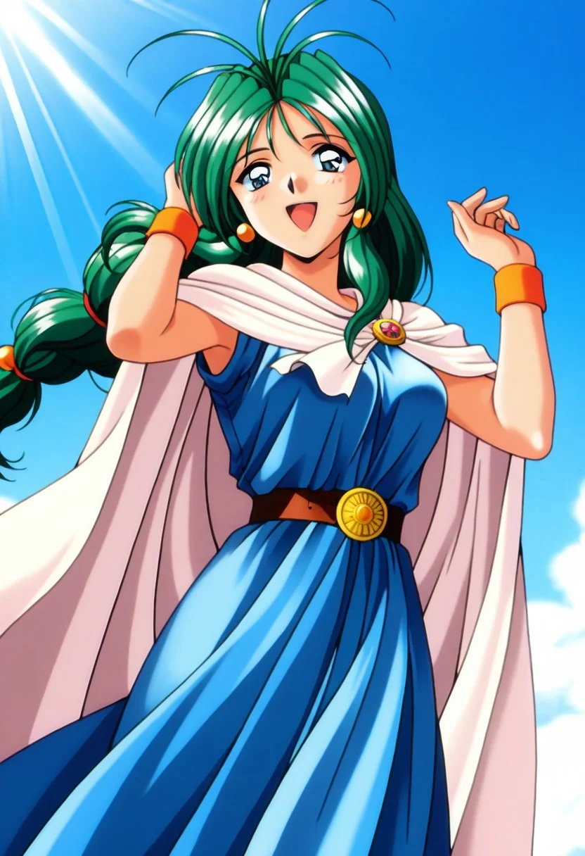 masterpiece, best quality, amazing quality, very aesthetic, high resolution, 1girl, cowboy shot, anime-style, digital art, high resolution, cute girl, smiling, sunlight, bright, clear sky, blue sky, clouds, daytime, outdoor, wind blowing her hair, dynamic pose, cheerful mood, light reflections, detailed background, high quality, beautiful, attractive, light rays, bright lighting, sky, joyful, happy, energetic, bright atmosphere, detailed shading, anime aesthetics, vibrant, lively, braid, jewelry, belt, cape, blue dress, wristband, retro artstyle, 1990s \(style\),
clairemm, blue eyes, green hair, antenna hair, long hair, low-tied long hair, hair bobbles, medium breasts, mature female,
