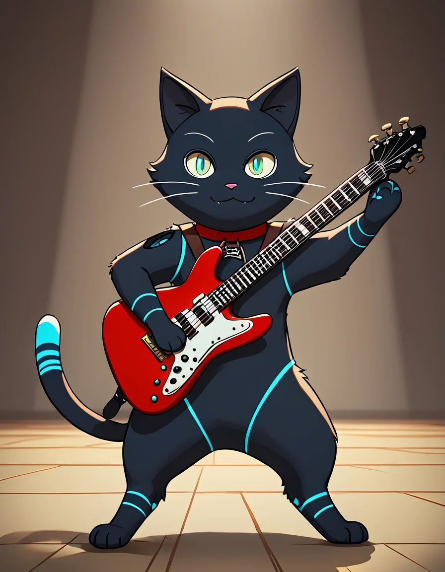 score_9, score_8_up, score_7_up,
rating safe,
c4t, black fur, official costume, domestic cat,
heroic pose, toes, smile, paws, looking at viewer,
holding guitar,
<lora:808:0.9>