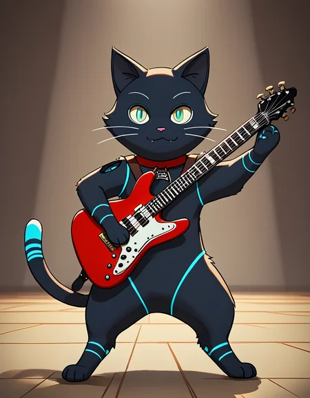 score_9, score_8_up, score_7_up,
rating safe,
c4t, black fur, official costume, domestic cat,
heroic pose, toes, smile, paws, looking at viewer,
holding guitar,
 <lora:808:0.9>