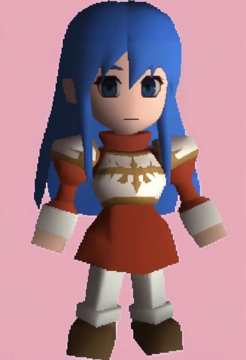 masterpiece, best quality, solo, 1girl, looking at viewer, <lora:FF7-Chibi-illus_Fp:1>, full body, simple background, 3d, chibi, <lora:caeda-fe-richy-v1_ixl:1>, caedadef, blue eyes, blue hair, long hair, bangs, turtleneck, red shirt, shoulder armor, pauldrons, breastplate,