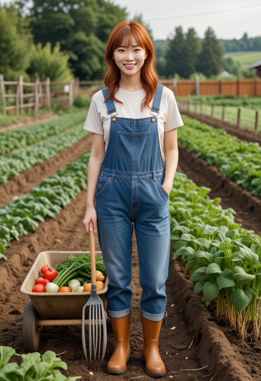 (medium full shot) of (sturdy farmer) young woman, korean, tan skin, light brown eyes, normal build, medium ginger bangs hair,  wearing a comfortable cotton shirt, denim overalls, rubber boots, holding a pitchfork, set in  Field, Vegetable Patch, neat rows of various vegetables growing, a wheelbarrow filled with harvested produce, garden tools leaning against a fence, a watering can nearby, woman smiling, Masterpiece,best quality, photo, realistic, very aesthetic, detailed face,