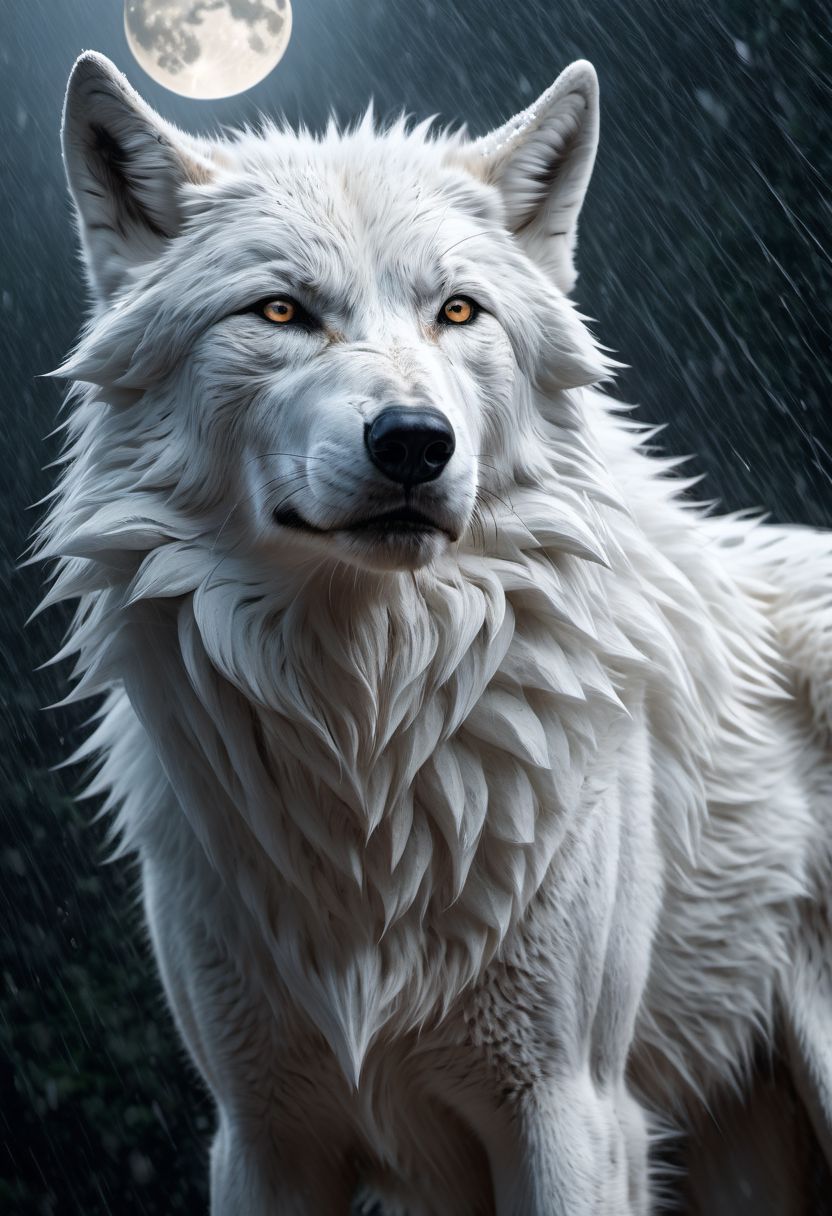 white wolf, sad, determined. lonely wolf, abandoned by his pack, (howling), mouth in shape of saying "uuuuooo", white fur, Royal, in a heavy rain, full moon, it's head is down, Photorealistic, volumetric shading, Hyperdetailed, Dystopian, Elemental, Ethereal, Photorealistic, perfect composition, beautiful detailed, 8k artistic photography, soft natural volumetric cinematic perfect light, award - winning photograph, masterpiece,