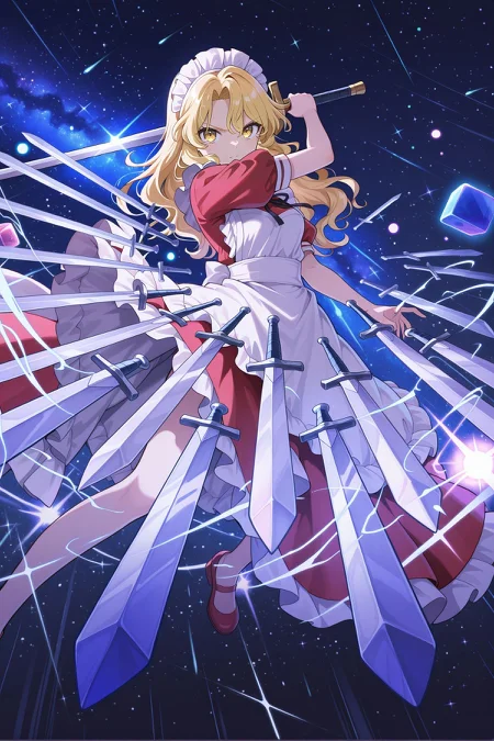 absurdres, highres, masterpiece, best quality, amazing quality, official anime artwork, screencap, anime screencap, dynamic pose, serious, blue theme, cube, dream world, starry sky, danmaku, multiple sword, flying, space,
<lora:Yumeko_Illustrious:1> yumeko, 1girl, solo, yellow eyes, blonde hair, long hair, wavy hair, small breasts,, maid headdress, neck ribbon, black ribbon, red dress, puffy short sleeves, maid apron, white apron, red shoes, holding sword, fighting stance,