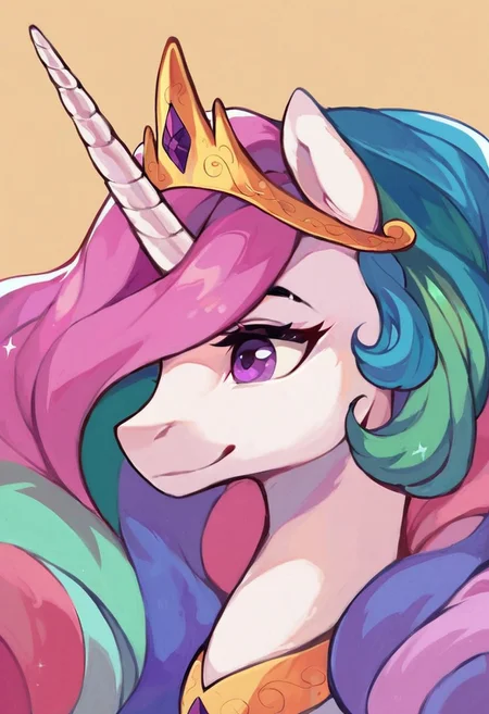 score_9, score_8_up, score_7_up, Close up facial portrait: Princess Celestia, alicorn, female, piercing purple eyes, kind smile, ruler of Equestria, long pink mane with purple and blue streaks, golden tiara