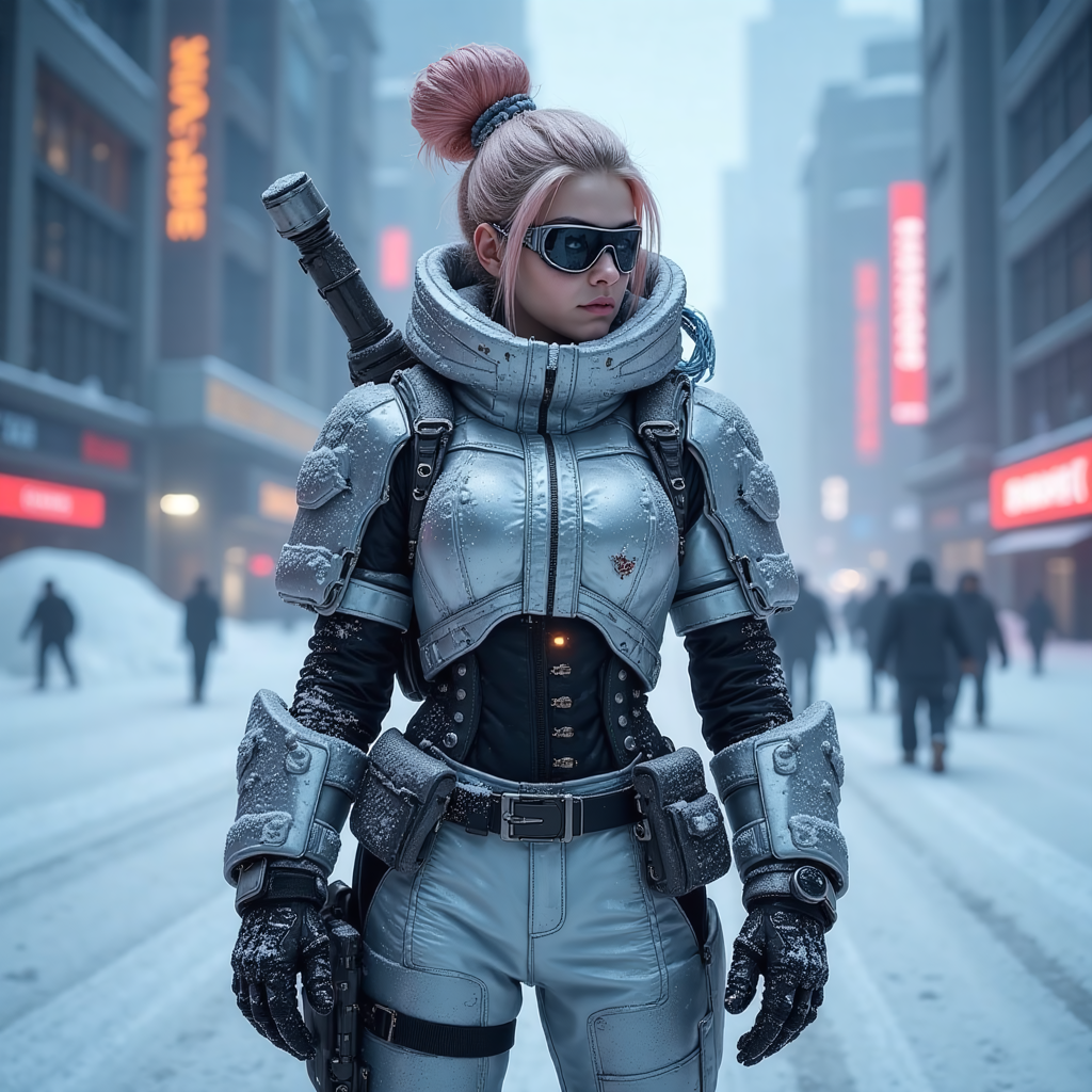 Frostpunk style, frostpunk style resourceful female  (covered in snow, frost, and/or icicles), young with peach doughnut hair bun, bionic_eyes, wearing a metallic silver thermal combat armor, rugged terrain boots, frozen goggles, set in  a Frostpunk metropolis, a towering city of metal and ice, built around a colossal generator that provides life-sustaining heat. ,,  <lora:flux_trainer/frostPunk_v1.1.safetensors:1.0>,  <lora:scifi/moxiePunk_v3D.safetensors:1.0>, .  Icy, futuristic aesthetic incorporating frozen elements, augmented mechanical technology, neon-lit snow-covered cityscapes.
