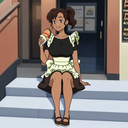 Margarita, 1girl, solo, tanned skin, dark brown hair with ponytail, black shirt and skirt, white apron, strap shoes
Margarita sitting on the steps of a restaurant while smiling and eating a taco