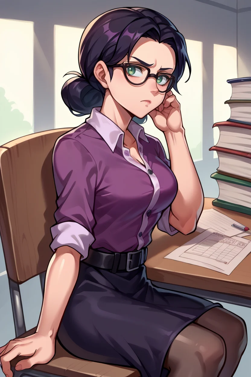 score_9, score_8_up, score_7_up, score_6_up, source_anime, BREAK 1girl, <lora:mspauling-pdxl-nvwls-v1-000008:1> mspauling, black hair, glasses, purple shirt, buttoned shirt, short sleeves, belt, black skirt, pantyhose, medium breasts, sitting, chair, desk, looking at viewer, paperwork, bored, from side