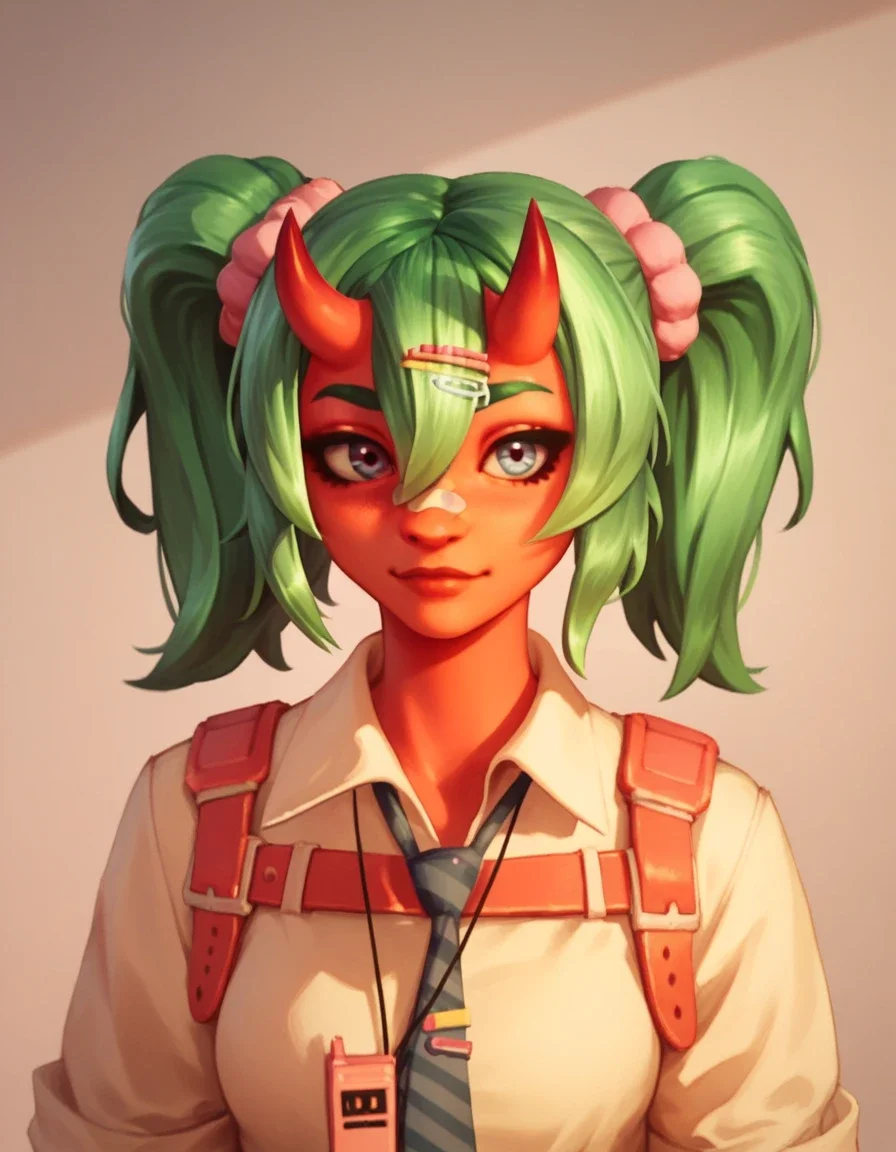 Nemia, red skin, green hair, twin tails, hair between eyes, lilac eyes, bandaid on nose, horns