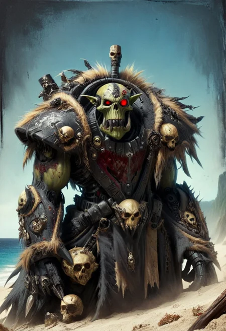 (best quality, masterpiece), drawix9, dwx9, EPSavageVerse, Ork Painboy, cybernetic eye, scar, lab coat, blood stains, grimdark, menacing, complex lighting, extremely detailed, detailed textures,<lora:Ork-Boyz:1>, muscular, evil grin, hostile, tropical beach background