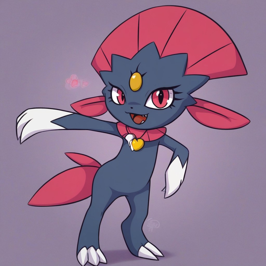 weavile, pokemon, female, (((eyelashes))), disney, girly, (((wearing pink heart necklace))), full body, solo, looking at viewer, open eyes, open mouth, happy, smiling, dancing, posing, solo, semi-anthro