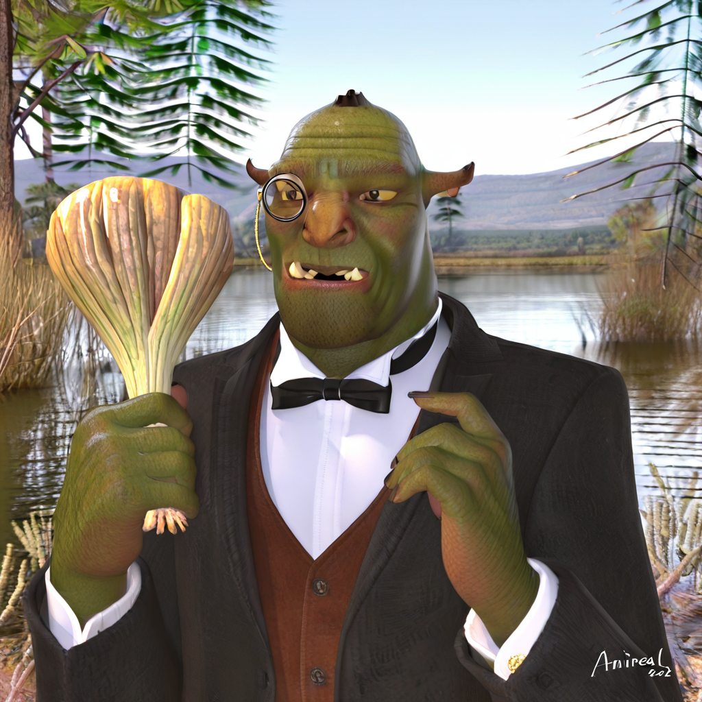 highres, best quality, masterpiece, very aesthetic, newest,anireal,<lora:AnirealIllus:1>, 1boy,solo,shrek,bald,green skin,ogre,ogre ears,tuxedo,holding onion,monocle,outdoors,swamp,upper body