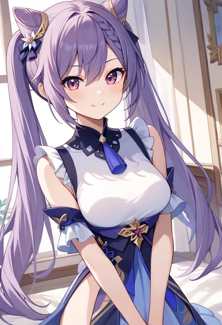 score_9, score_8_up, score_7_up, source_anime, best quality, masterpiece, 1girl, solo, smile. dutch angle, indoors,
keqingcs, purple hair, cone hair bun, purple eyes, long hair, double bun, braid, twintails,