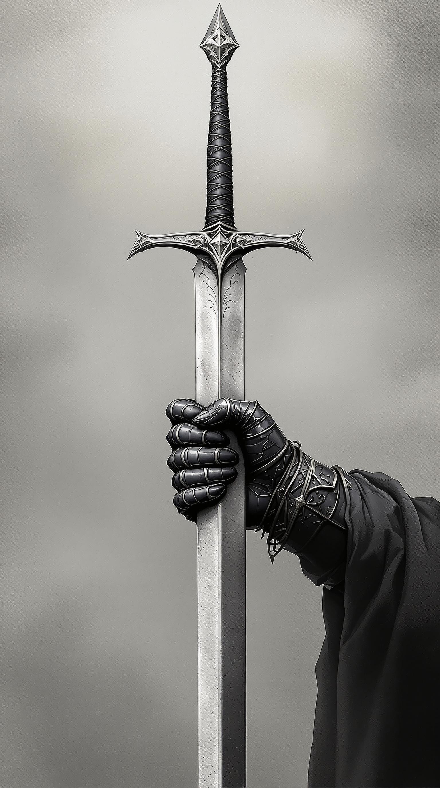 a hand wearing dark gray armor, holds a long, pointed sword, silvery-gray metal, with visible detail in the crossguard, soft, gray and white mist background, diffused lighting, no harsh highlights, vintage film, noir, professional photoshoot