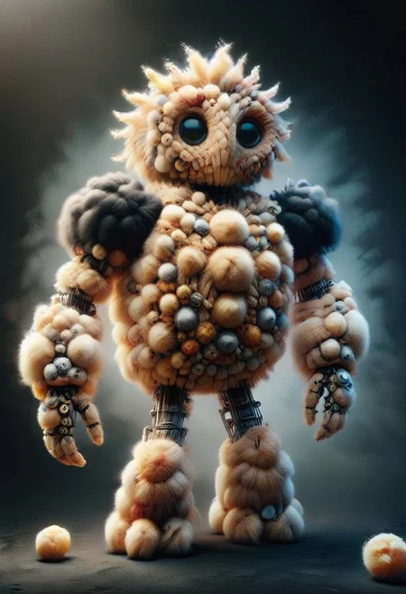 masterpiece, full-body, (Dark-Fantasy-page) ral-flufblz Jed-rbt, robot made-out-of-straw straw balls, (dark:1.1) indoors (lab) (shadows) (dark-atmosphere) ominous eerie
