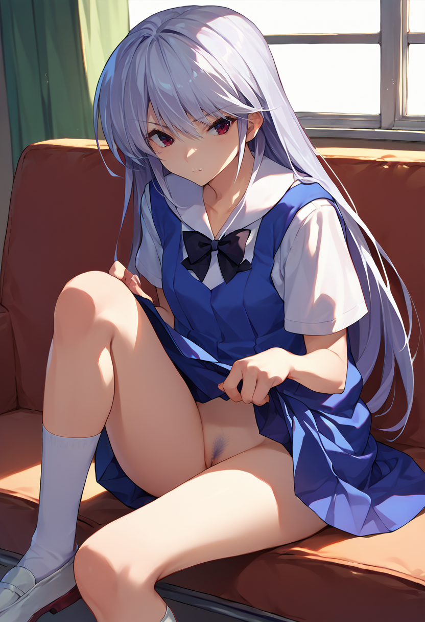 score_9, score_8_up, score_7_up, source_anime,  landing strip,  pubic hair,  1girl,      <lora:landingStripXL1-000008:1>          <lora:KazukiCAME:1> kazami kazuki, silver hair, long hair, red eyes, school uniform, black bow, white kneehighs, skirt lift, indoors, sitting,