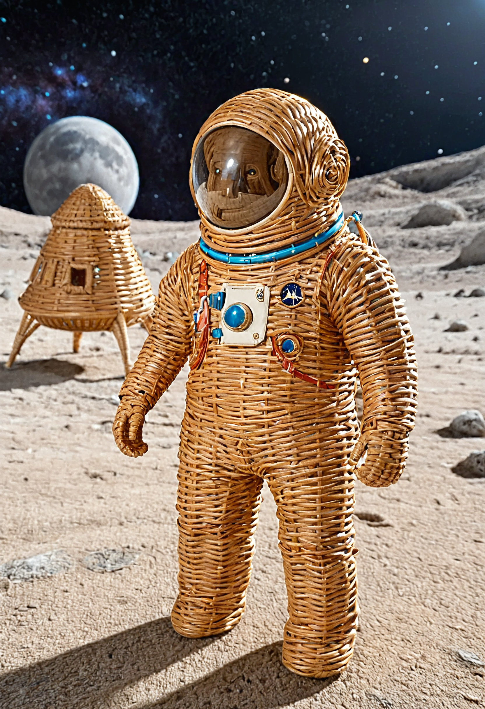 wkrstyle, a wicker astronaut, near a spaceship, on the moon, space in the background, 