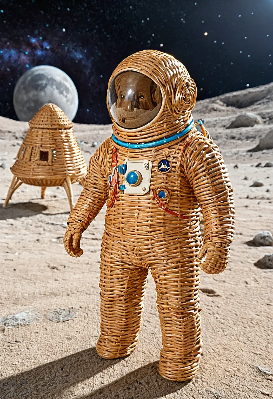 wkrstyle, a wicker astronaut, near a spaceship, on the moon, space in the background,