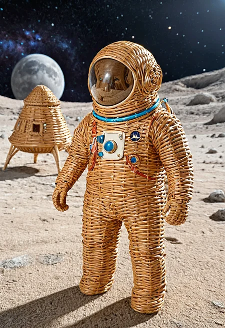 wkrstyle, a wicker astronaut, near a spaceship, on the moon, space in the background,