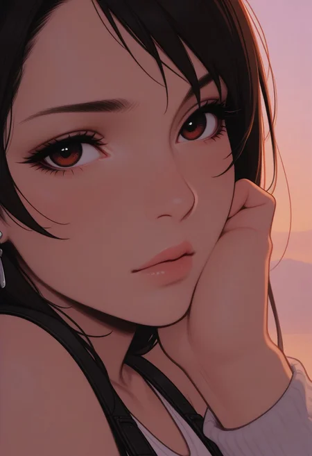 HDR, 8K, high contrast, masterpiece, best quality, amazing quality, very aesthetic, retro artstyle, realistic, promotional art, newest, (artist:incase:0.5), (artist:tsuaii:0.5), (flat colors:2), haiz_ai, no lineart, no outline, close up,
1girl, Tifa, dark eyes, low-tied long hair, earrings, white crop top, suspenders, black miniskirt, pencil skirt, arm warmers, evening sky, close up portrait, looking at viewer,