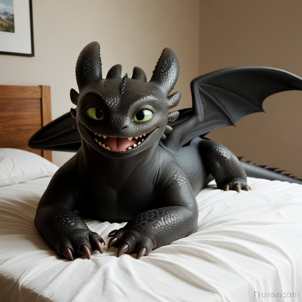 score_9, score_8_up, score_7_up, score_6_up, score_5_up, score_4_up, masterpiece, high quality, realistic, detailed, best quality, white bed, solo, rating_safe, source_furry, bedroom, smiling, open mouth smile, lying on belly, looking at viewer, on bed, toothless_httyd, dragon, night_fury, black scales, wings, tail, claws, male, 1boy, green sclera, black pupils, feral