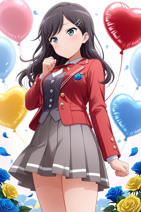 masterpiece, best quality, amazing quality,
<lora:Koharu_IL:1> koharu, blue flower, 1girl, blue rose, solo, skirt, balloon, hair ornament, heart balloon, flower, pleated skirt, long hair, yellow flower, hairclip, rose, buttons, white shirt, shirt, petals, black hair, red jacket, clenched hand, dot nose, yellow rose, grey skirt, vest, jacket
