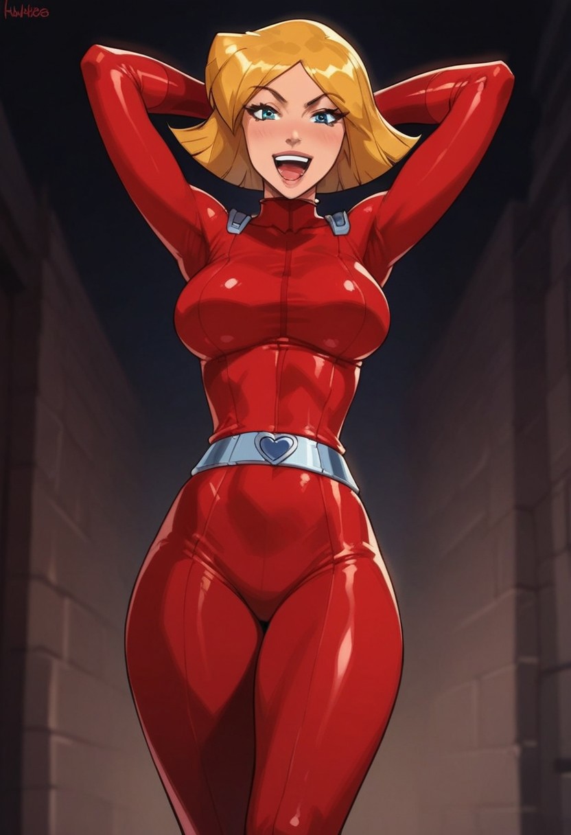 masterpiece,best quality, highly detailed, score_9, score_8_up, score_7_up, score_6_up, source_cartoon, BREAK, 1 girl, cloverts, \(totally spies\), blonde hair, blue eyes, red bodysuit, large breasts, thick thighs, happy