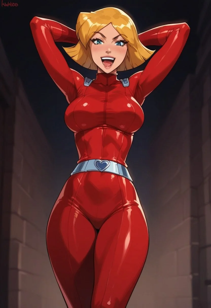 masterpiece,best quality, highly detailed, score_9, score_8_up, score_7_up, score_6_up, source_cartoon, BREAK, 1 girl, cloverts, \(totally spies\), blonde hair, blue eyes, red bodysuit, large breasts, thick thighs, happy
