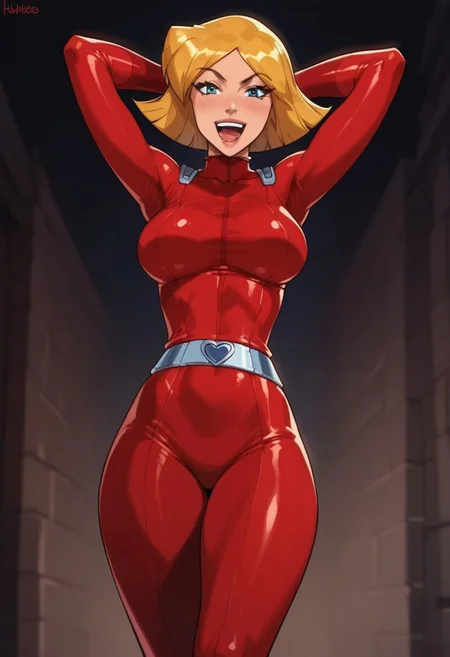 masterpiece,best quality, highly detailed, score_9, score_8_up, score_7_up, score_6_up, source_cartoon, BREAK, 1 girl, cloverts, \(totally spies\), blonde hair, blue eyes, red bodysuit, large breasts, thick thighs, happy