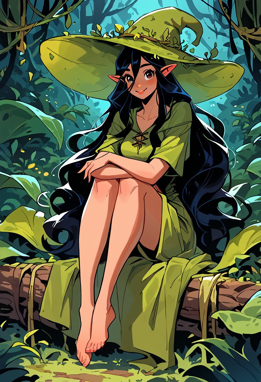 score_9, score_8_up, score_7_up, score_6_up, 2d, 1girl, solo, long black hair, hair between eyes,  innocent smile, cute face, plants, dense foliage, outside, pinup style pose, pinup, linen tunic, tunic made out of moss, night, thorny vines, elf ears, wizard hat, moss hat, women overgrown by plants, full body, balled up, hugging knees, sitting, very long flowing hair,