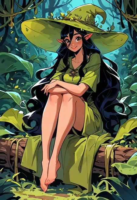 score_9, score_8_up, score_7_up, score_6_up, 2d, 1girl, solo, long black hair, hair between eyes,  innocent smile, cute face, plants, dense foliage, outside, pinup style pose, pinup, linen tunic, tunic made out of moss, night, thorny vines, elf ears, wizard hat, moss hat, women overgrown by plants, full body, balled up, hugging knees, sitting, very long flowing hair,