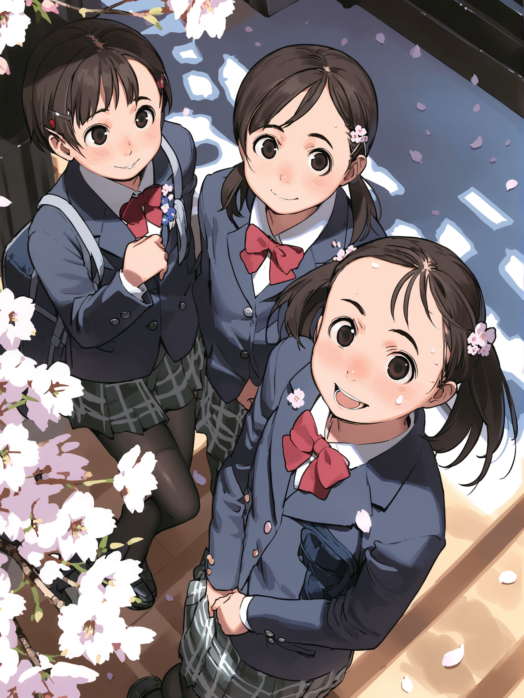 masterpiece, best quality, <lora:comiclo-xl-a3.1:1>,multiple girls, 2girls, school uniform, cherry blossoms, bag, school bag, twintails, skirt, short hair, smile, brown hair, jacket, hair ornament, flower, hairclip, from above, blazer, black hair, looking up, open mouth, black eyes, bow, pantyhose, branch, brown eyes, petals, plaid, plaid skirt