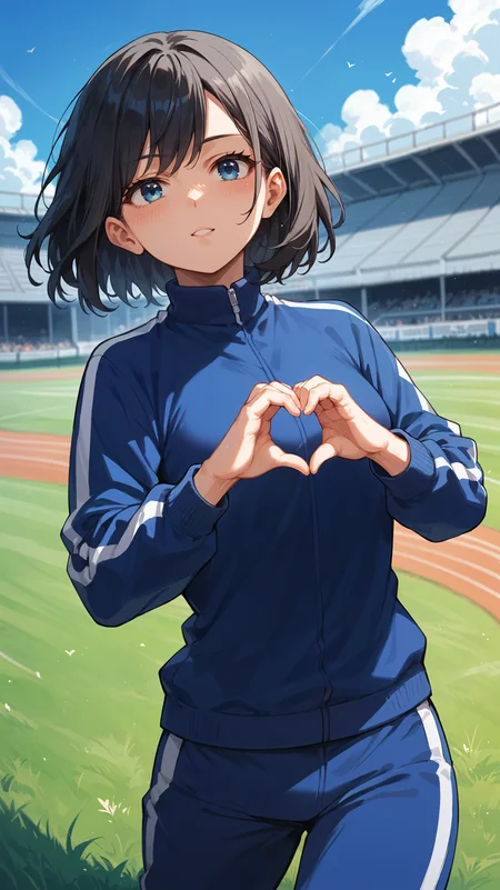 score_9,score_8_up,score_7_up,score_6_up, <lora:xl_more_art-full_v1:0.5>, source_anime, girl, dynamic pose, heart hands, <lora:Yui Kodai (Rule) - Pony-000004:0.8>, black hair, medium hair, blue eyes, blue tracksuit, track and field, grass,