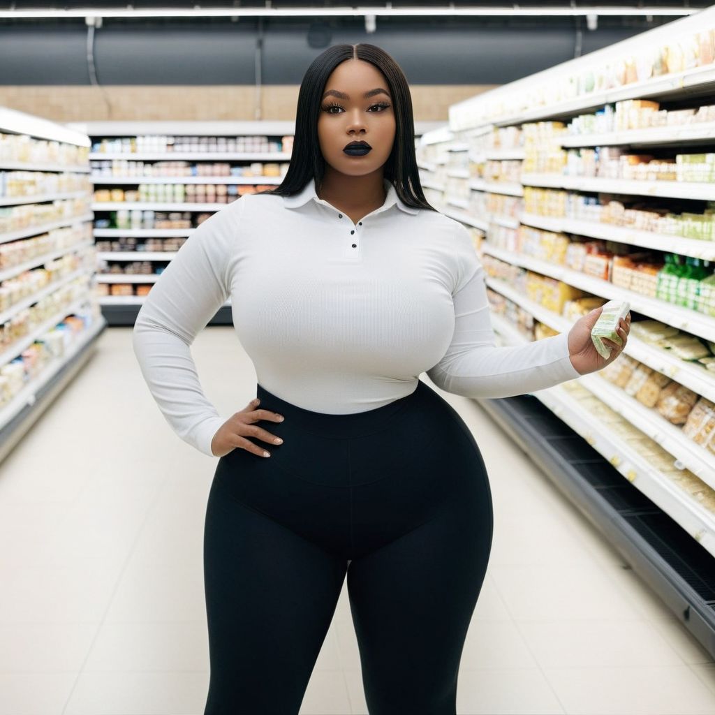dummy thicc woman standing in a grocery store, black tights, white shirt, from the front, industrial lighting
