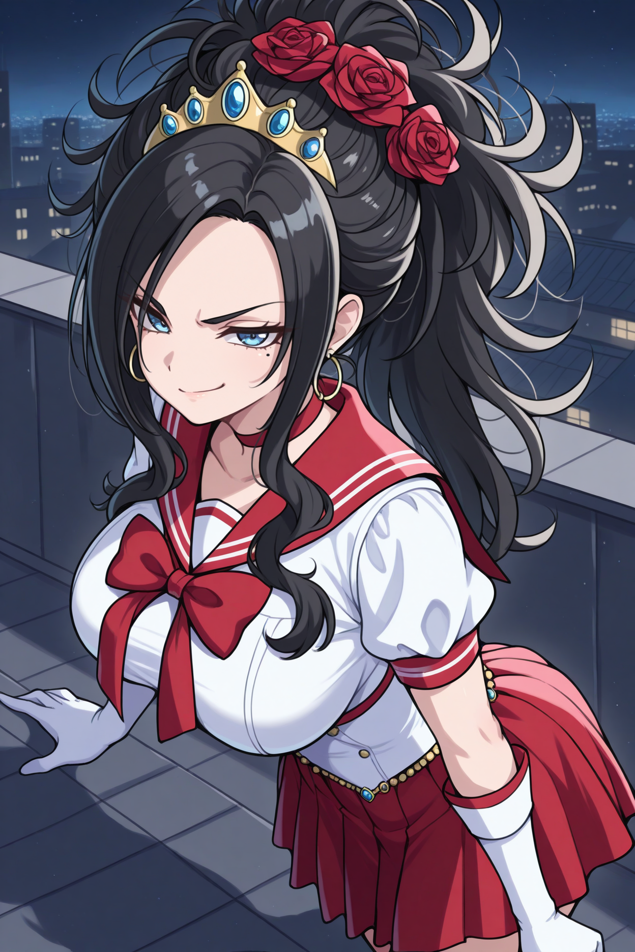 masterpiece, best quality, 1girl, solo, <lora:dqdebora-illu-nvwls-v1-000006:1> d5dbr, black hair, long hair, high ponytail, messy hair, blue eyes, mole under eye, large breasts, hair rose, hair flower, hoop earrings, white shirt, short sleeves, red sailor collar, red skirt, pleated skirt, tiara, magical girl, rooftop, elbow gloves, white gloves, night sky, standing, serious, smirk, looking at viewer, night, city