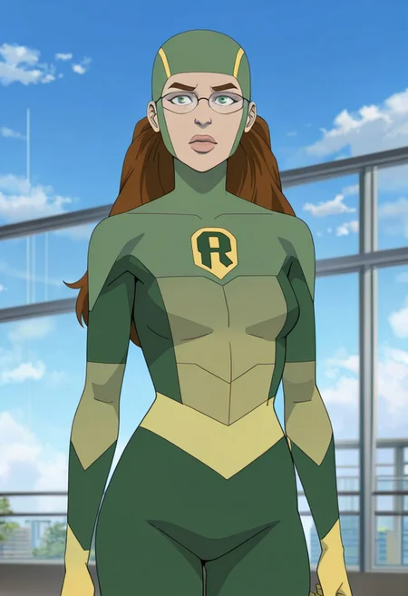 masterpiece, best quality, newest, absurdres, highres, Invincible-show-style-INVPACK.V1.0,
1girl, Shrinking-RAE-HERO-INVPACK.V1.0, brown hair, glasses, green eyes, greenbodysuit, mask, green mask